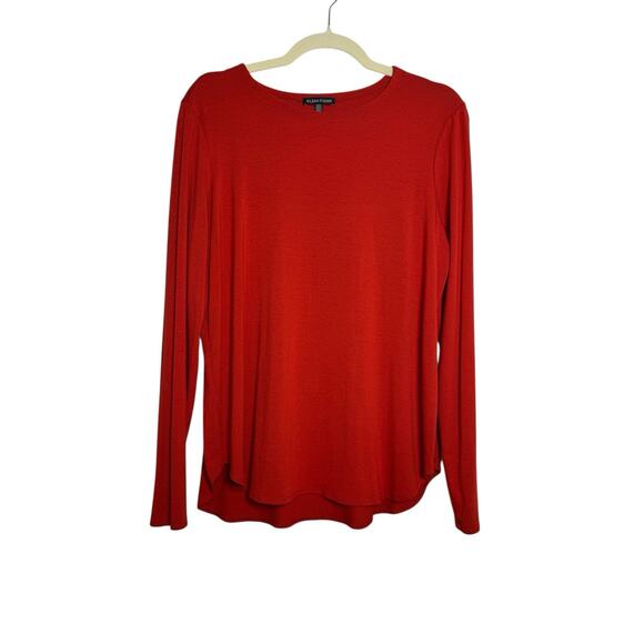 Eileen Fisher Red Scoop Neck 92% Viscose/8%‎ Spandex Knit Long Sleeve Top L - Picture 1 of 6